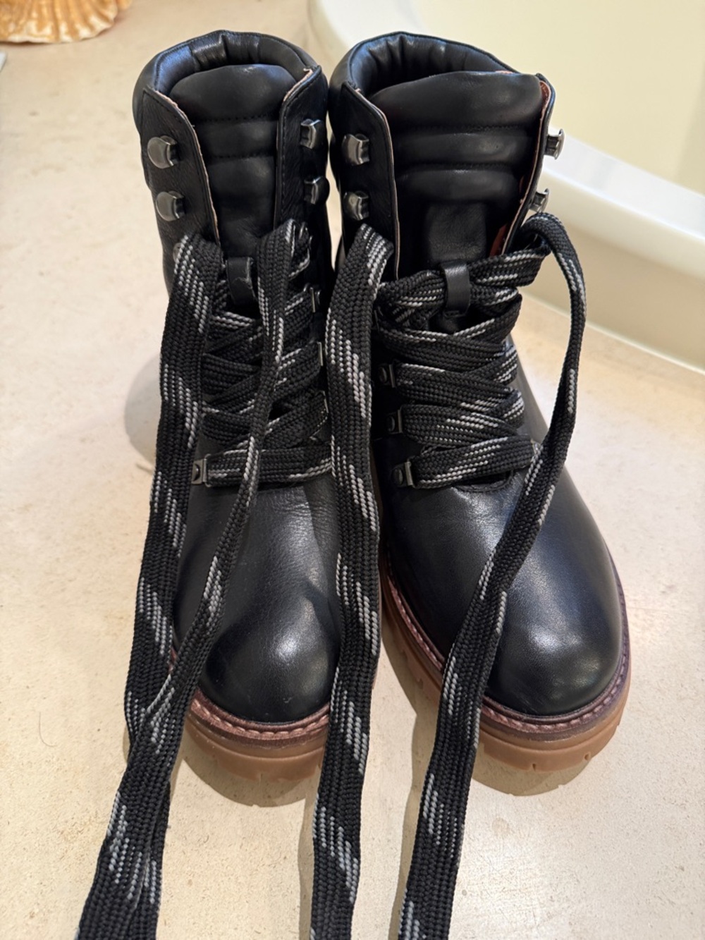 gentle souls Black Leather Lace-Up Hiking Boots with Brown Welt